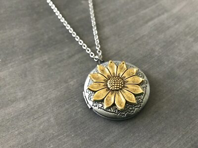 Gold Sunflower Locket Wedding Bridesmaid Gift Boho Necklace Bohemian Jewelry C $3.99