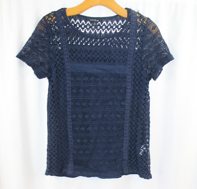 #ad Lucky Brand Womens Blue Crochet Lace Short Sleeve Top S $7.99