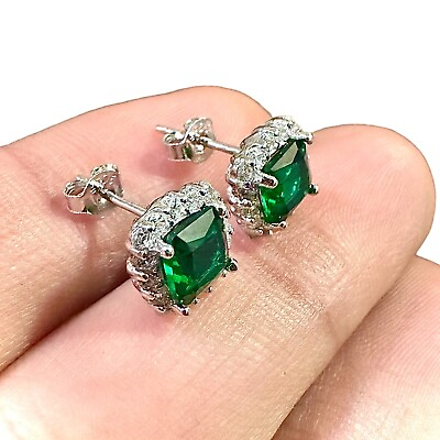 #ad Emerald Earrings Sterling Silver 925 Stud Earrings for Women lab created 9MM $15.28