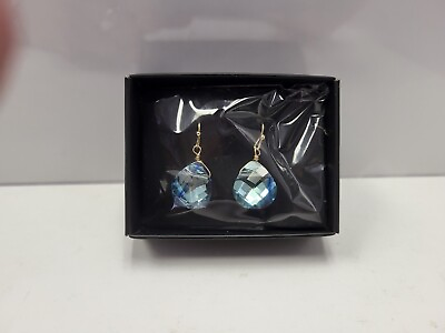 #ad Avon Shimmering Teardrop Earrings Goldtone Blue Stone 1quot; Dangle New in Box $11.00