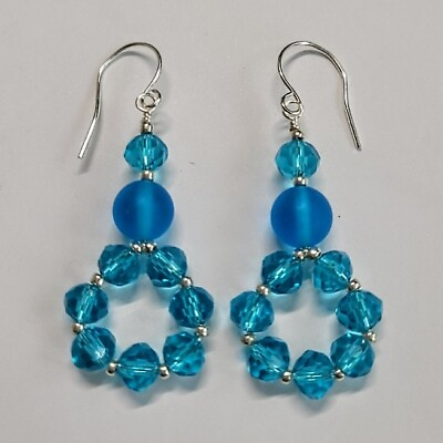#ad Glass Earrings Teal Blue Crystal Silver Dangle Fashion Mothers Day Birthday Gift $14.39