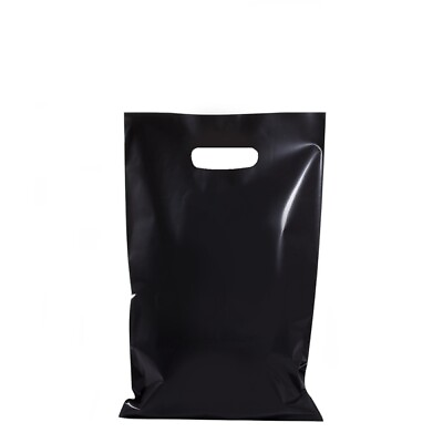 #ad 100 x BLACK PLASTIC GIFT CARRY BAGS DIE CUT HANDLE SMALL MEDIUM 250 x 380mm AU $17.94