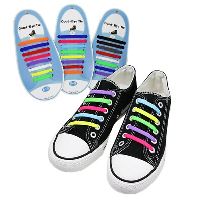 #ad 16Pcs Easy No Tie Shoelaces Elastic Silicone Flat Lazy Shoe Lace Strings Adult $2.85