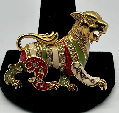 #ad JOAN RIVERS Vintage Enamel Lion Pin Brooch Gold Tone Rhinestones Foo Dog $99.00
