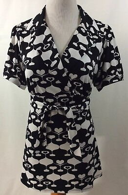#ad Lily White Women Geometric Print Tie Front Spring Silky Soft Top See Measurement $9.00