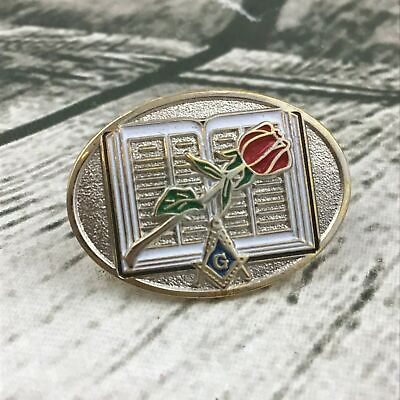 #ad Vintage Rose Over Open Book Oval Brooch Pin Lapel Pinback Collectible $9.99