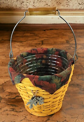 #ad Longaberger Basket Autumn Pail w Falling Leaves Cloth Liner Acorn Charm Insert $27.98