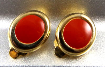 #ad Vintage Costume Petite Earrings Red Enamel Gold tone Clip on Fasteners Oval 3 4quot; $7.99
