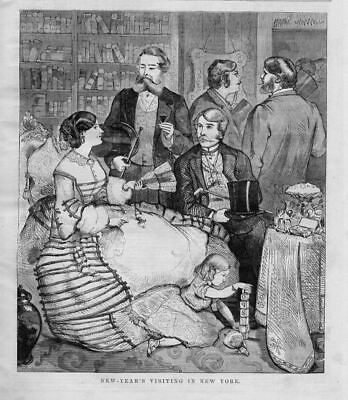 #ad NEW YEAR#x27;S IN NEW YORK 1858 CHILD PLAYS WITH BLOCKS ADULTS DRINK WINE FASHION $65.00