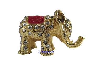 #ad Bejeweled Small Gold Elephant Hinged Metal Enameled Rhinestone Trinket Box $18.99