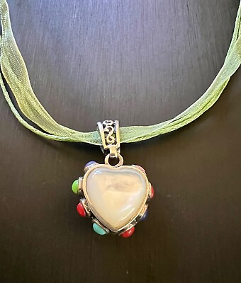 #ad Double sided Sterling Heart Pendant Mother of Pearl amp; Filigree w Small Gems $24.99