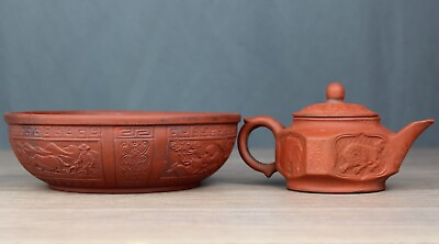 #ad Chinese Yixing terra cotta pottery mini square teapot amp; rice bowl scenic signed $345.00