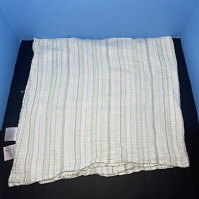 #ad Aden Anais Baby Blanket White Mint Green Tan Brown Thin Stripe Cotton Muslin $19.99