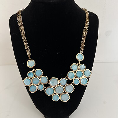 #ad Aqua Blue and Gold Tone Statement Chunky Necklace 10quot; drop Abstract Floral EUC $12.95