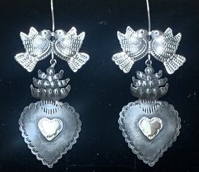 #ad Mexican Sterling Silver Love Bird Heart Earrings $92.00