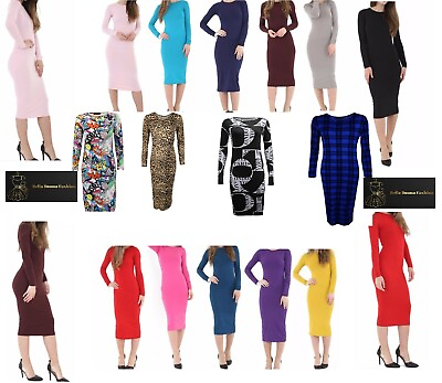 #ad Women#x27;s Midi Dress Ladies Long Sleeve Bodycon Plain Stretch Jersey Maxi Size8 26 GBP 9.99