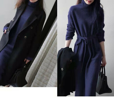 #ad Womens Chic Turtleneck Jumpers Lace Up Gown Long Sleeves Belt Knit Sweater Dress $34.28