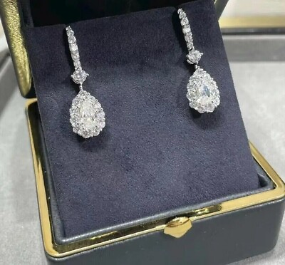#ad Pear Cut Simulated Diamond Teardrop Drop Dangle Earrings 14K White Gold Plated $123.99