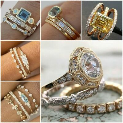 #ad 3Pcs set Fashion Women Sapphire Ring 18K Gold Gemstone Wedding Jewelry Size 6 10 C $3.32