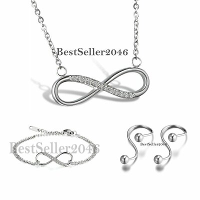 #ad #ad Stainless Steel Silver CZ Infinity Love Necklace Bracelet Earrings Set Women#x27;s $19.99