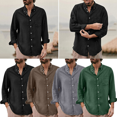 #ad Mens Buttons Down Shirt Blouse Casual Summer Long Sleeve Vintage Tops Tee C $8.99