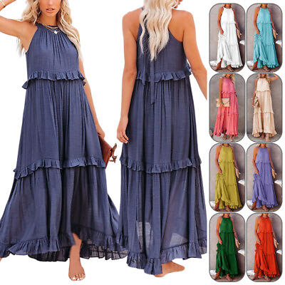#ad Women Summer Long Maxi Dress Sleeveless Tiered Skirts Agaric Lace Beach Holiday $23.91