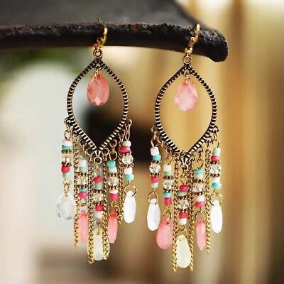 #ad 4 inch Bohemian Tassel Pink Multi Lucite amp; Crystal Chandelier Hook Earrings $14.93