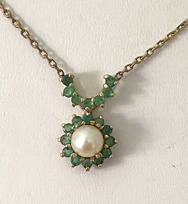 #ad Lovely Emerald amp; Pearl 14K Gold Necklace $338.30