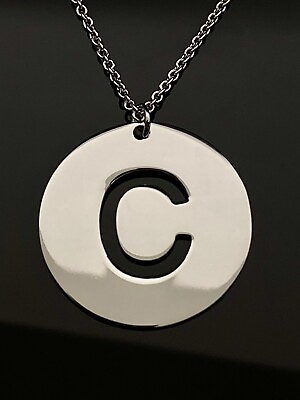 #ad Solid Sterling Silver 925 Rhodium Plated Round Letter C Initial Pendant Necklace $109.00