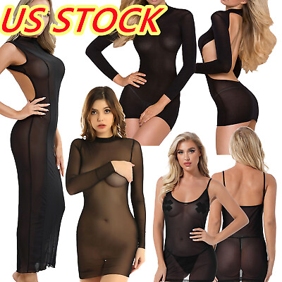 #ad US Womens Sheer Mesh Mini Dress Bodycon Tube Dress See Through Night Clubwear $7.19