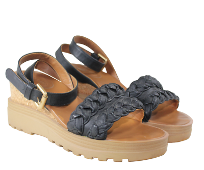 #ad See By Chloe Women#x27;s Sz 39 Black Brown Leather Cork Wedge Platform Sandal Shoes $52.49