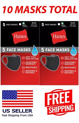 #ad Hanes 100% Cotton Fabric Reusable Face Mask Washable Comfortable 10 Masks BLACK $6.75