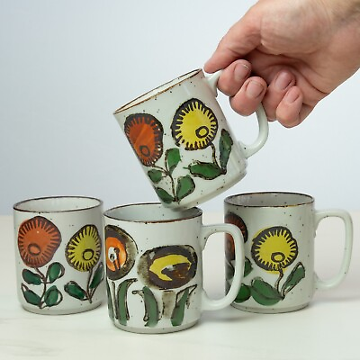 #ad VTG OTAGIRI Speckled Stoneware Coffee Mugs Bright Floral Set of 4 Mugs $45.00