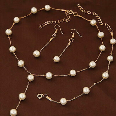 #ad Fashion Women White Pearl Necklace Drop Earrings Bracelet Wedding Jewelry Set C $3.30