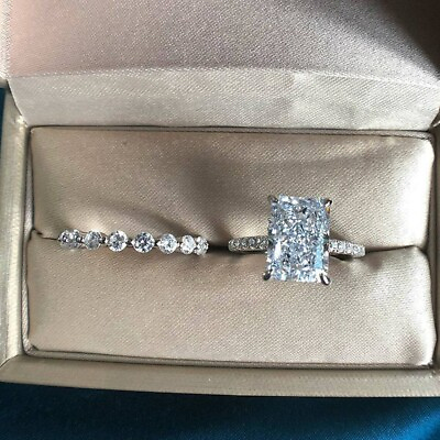 #ad 4 Carat Radiant Moissanite Hidden Halo Bridal Set Engagement Ring 14K White Gold $326.72