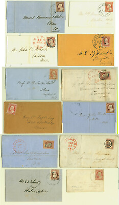 #ad US 1850s Washington 3c red IMPERF. various coll. of 12 diff. covers better cxls $900.00