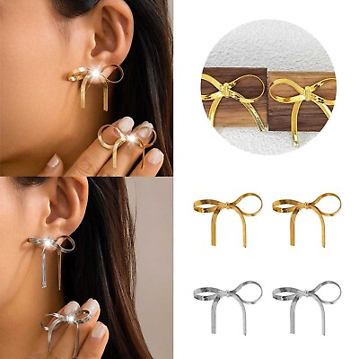 #ad Elegant Lady Earrings Gold Bow Dangle Earrings For Women Girls Trendy Ribbon $8.98