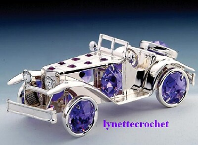 #ad SILVER PLATED PURPLE CLASSIC CAR WITH SWAROVSKI CRYSTAL ORNAMENT 3 1 2quot; NEW #132 $29.99