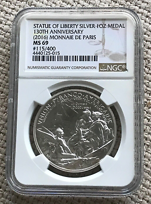 #ad 2016 Monnaie de Paris Statue of Liberty 130th Anniv. 1 Oz Silver Medal NGC MS69 $174.95