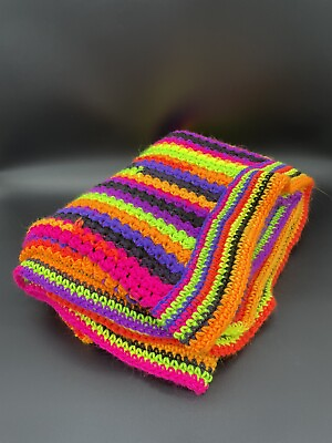#ad Afghan Crocheted Blanket Throw Halloween Stripe Orange Black Purple Handmade $63.20