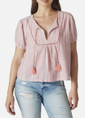 #ad Lucky Brand Striped Pink Short Sleeve Tassel Tie Boho Top Blouse Size L NEW $17.50