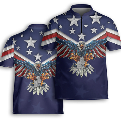 #ad American Eagle Flag US Army Soldier Veteran AOP Bowling Jersey Sporty Gift Navy $19.99