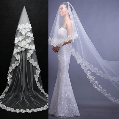 #ad 3M Long White Wedding Bridal Veils with Embroidery Lace Edge Bride Supplies US $8.73