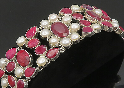 #ad 925 Sterling Silver Freshwater Pearls amp; Tear Drop Ruby Chain Bracelet BT7652 $333.12