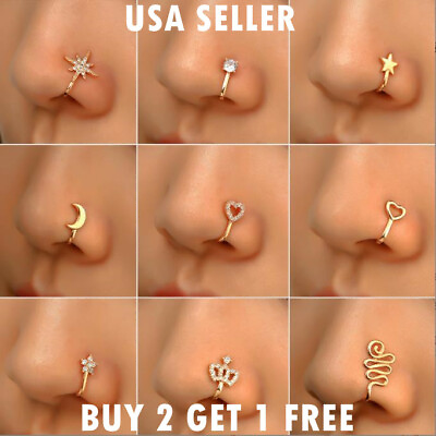 #ad 9PCS Set Crystal Gemstone Clip On Nose Ring Gold Silver No holes needed $12.88