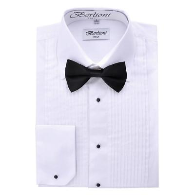 #ad New Berlioni Italy Men#x27;s Premium Tuxedo Dress Shirt Laydown Collar Bow Tie White $26.24
