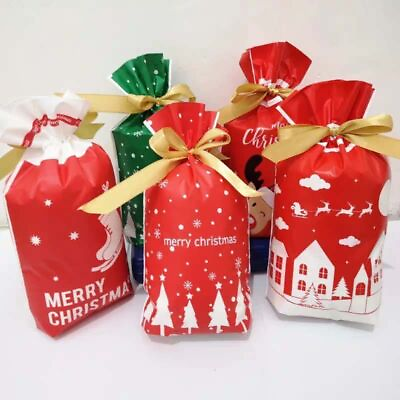 #ad #ad 50Pack Christmas Candy Bags Santa Drawstring Xmas Gift Bags Home Party Bags $8.99