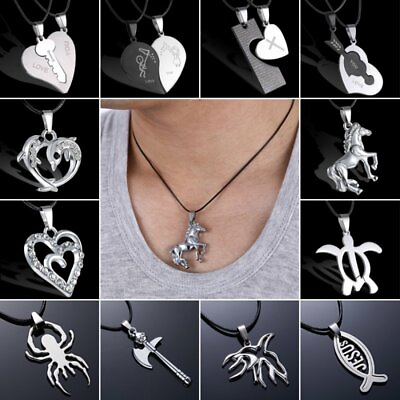 #ad Silver Plated Stainless Steel Men Women Punk Necklace Pendant Leather Chain C $1.61