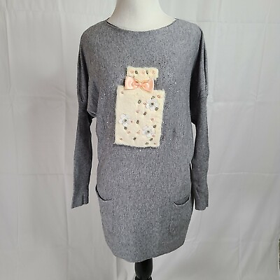 CMP 55 Gray Sweater With Faux Fur Rhinestone Perfume Design Patch One Size $12.99