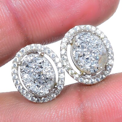 #ad Gift For Her Natural Silver Titanium Druzy Earrings 925 Sterling Silver 0.51quot; $17.99